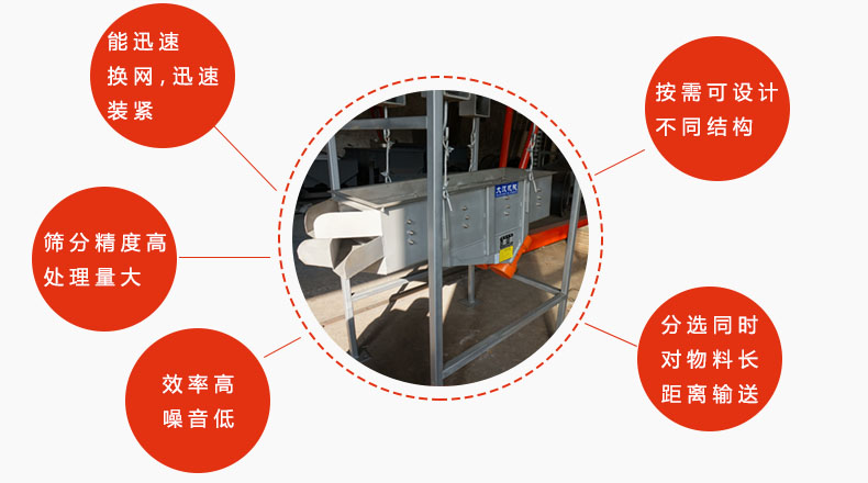 吊掛式振動篩優(yōu)勢體現(xiàn) 吊掛式振動篩優(yōu)勢:能迅速換網(wǎng),迅速裝緊,篩分精度高,處理量大,效率高噪音低,分選同時對物料長距離輸送。按需可設計不同結(jié)構(gòu)。