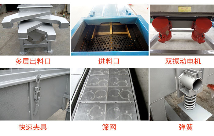 多層直線振動篩出料口,篩網(wǎng),彈簧,快速夾具,振動電機等