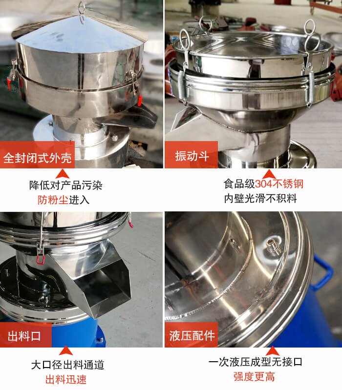 450過濾篩機(jī)結(jié)構(gòu)組成：全封閉式外殼設(shè)計(jì)：對產(chǎn)品的污染低，防塵粉進(jìn)入電機(jī)內(nèi)部延長設(shè)備壽命。振動(dòng)斗：食品304不銹鋼篩斗，內(nèi)壁光滑不存在積料現(xiàn)象。出料口，大口徑出料通道，出料迅速，提高工作效率。液壓配件：一次液壓成型無接口強(qiáng)度更高。