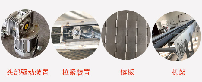 鏈板輸送機結(jié)構(gòu):頭部驅(qū)動裝置,拉緊裝置,鏈板,機架等圖片展示
